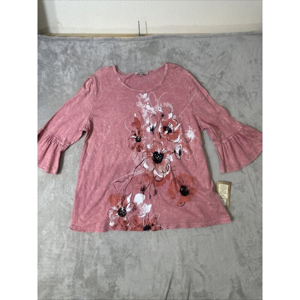 Jess & Jane Top Womens XL Pink Floral Bell Sleeve Made in USA